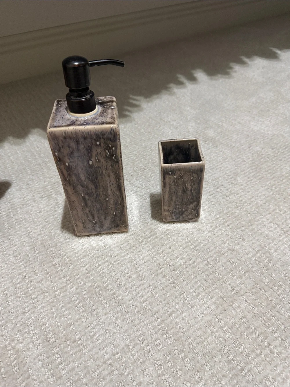 Neutral Speckled Ceramic Soap Dispenser and Tumbler Set